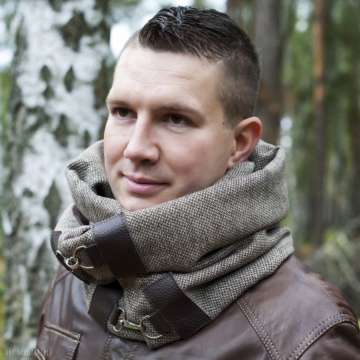 męski komin unisex wełna brązowa jodełka szalik skóra