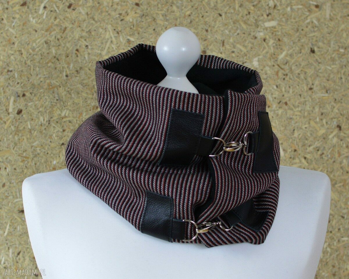 SZAL MĘSKI WEŁNA I SKÓRA CZERWONO CZARNY Hand Made