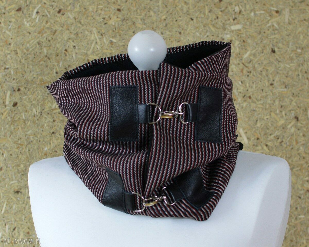 SZAL MĘSKI WEŁNA I SKÓRA CZERWONO CZARNY Hand Made