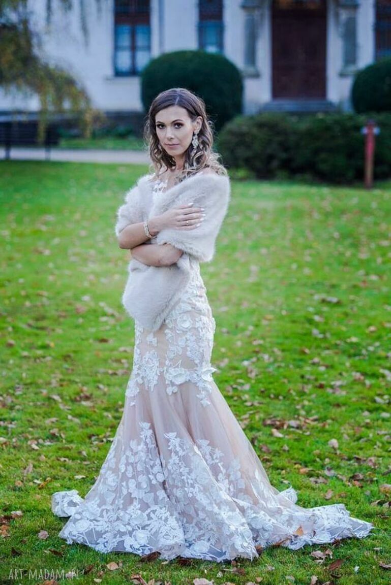 Szal ślubny latte z eko-futra - etola 155 cm