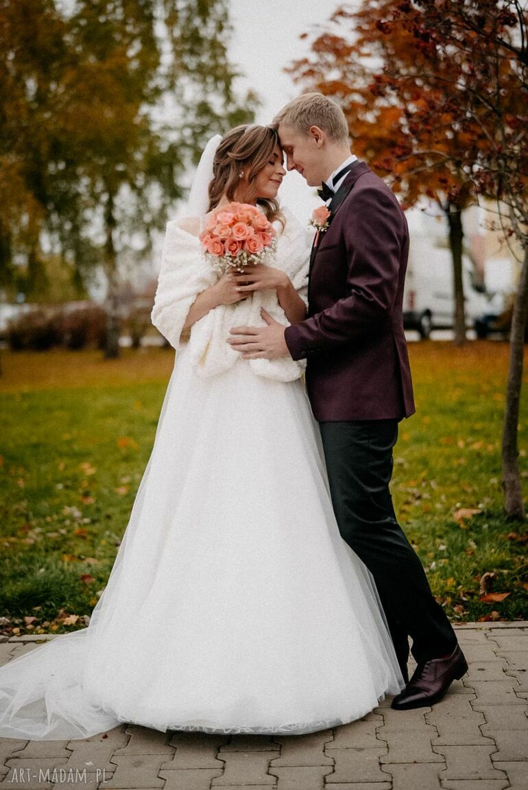 Szal ślubny ecru - etola ślubna z wytłaczanymi różyczkami, GOfashion
