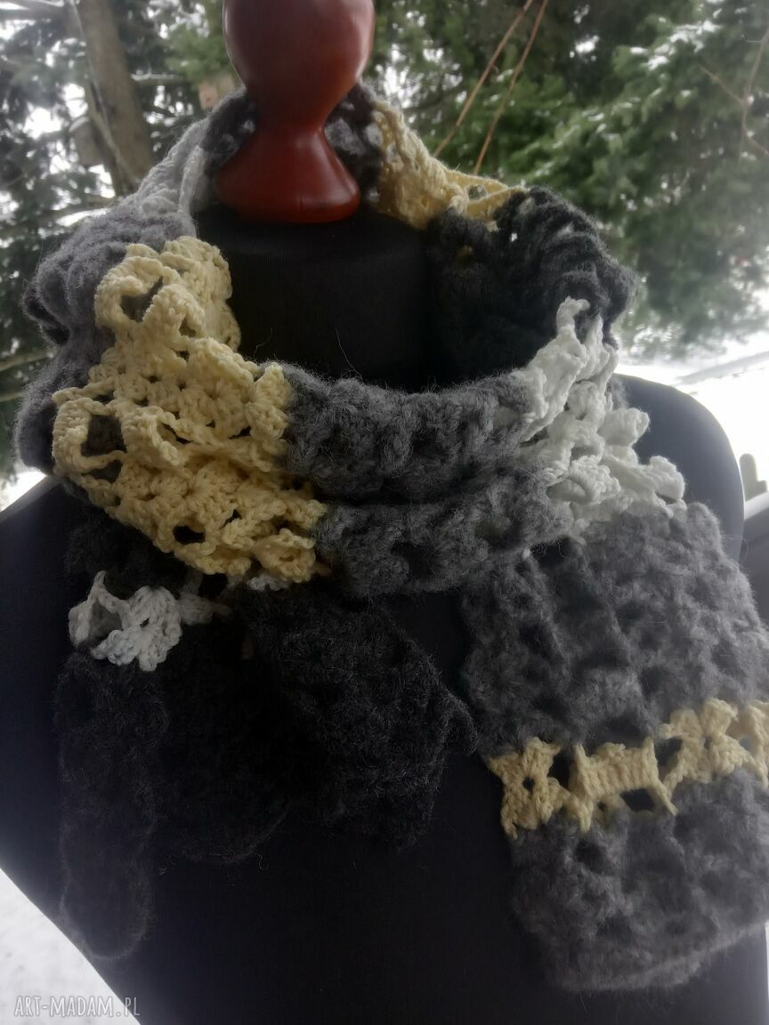 Szal szaro-żółto-kremowy - ciepły szal handmade z moherem