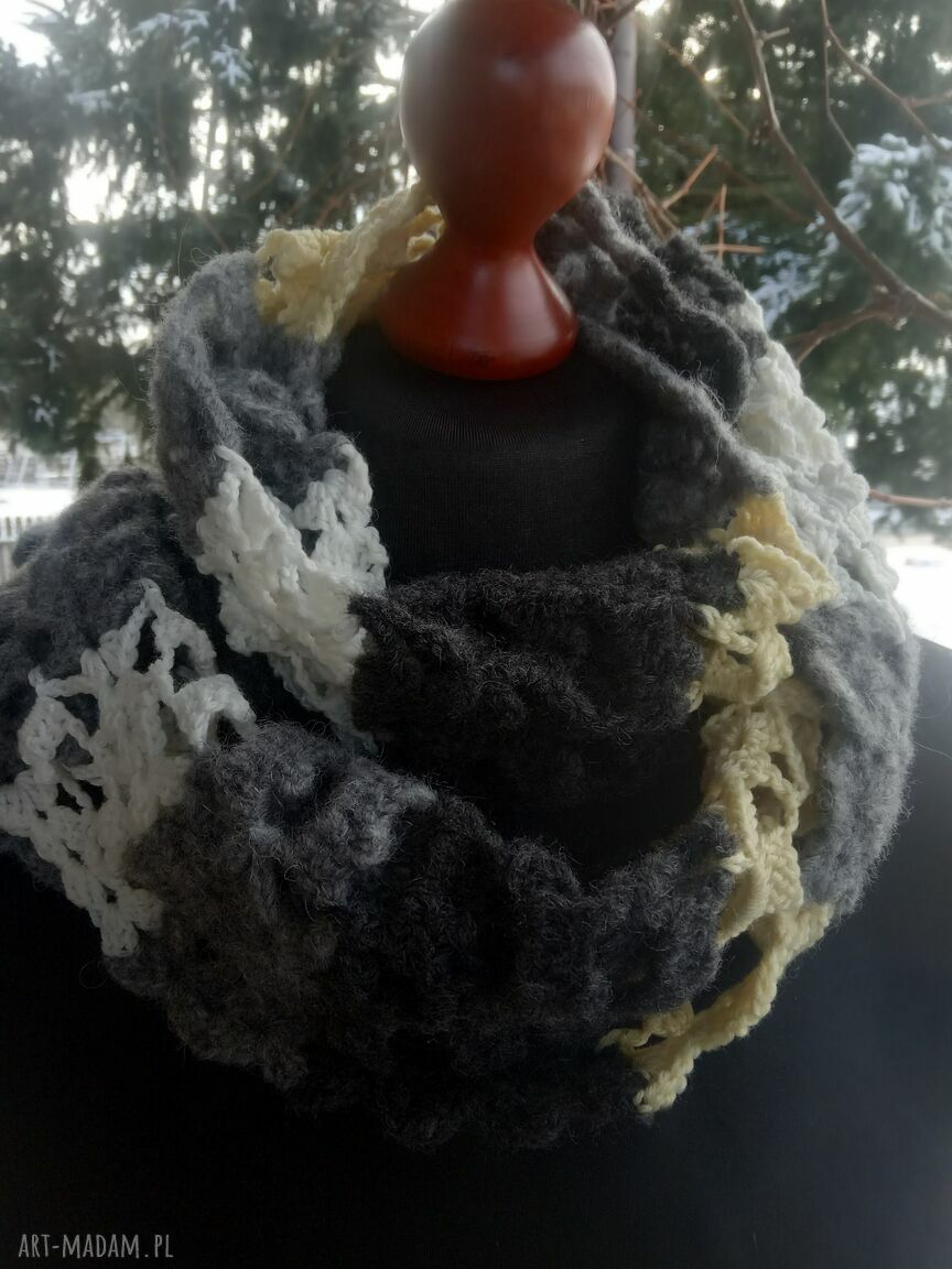 Szal szaro-żółto-kremowy - ciepły szal handmade z moherem