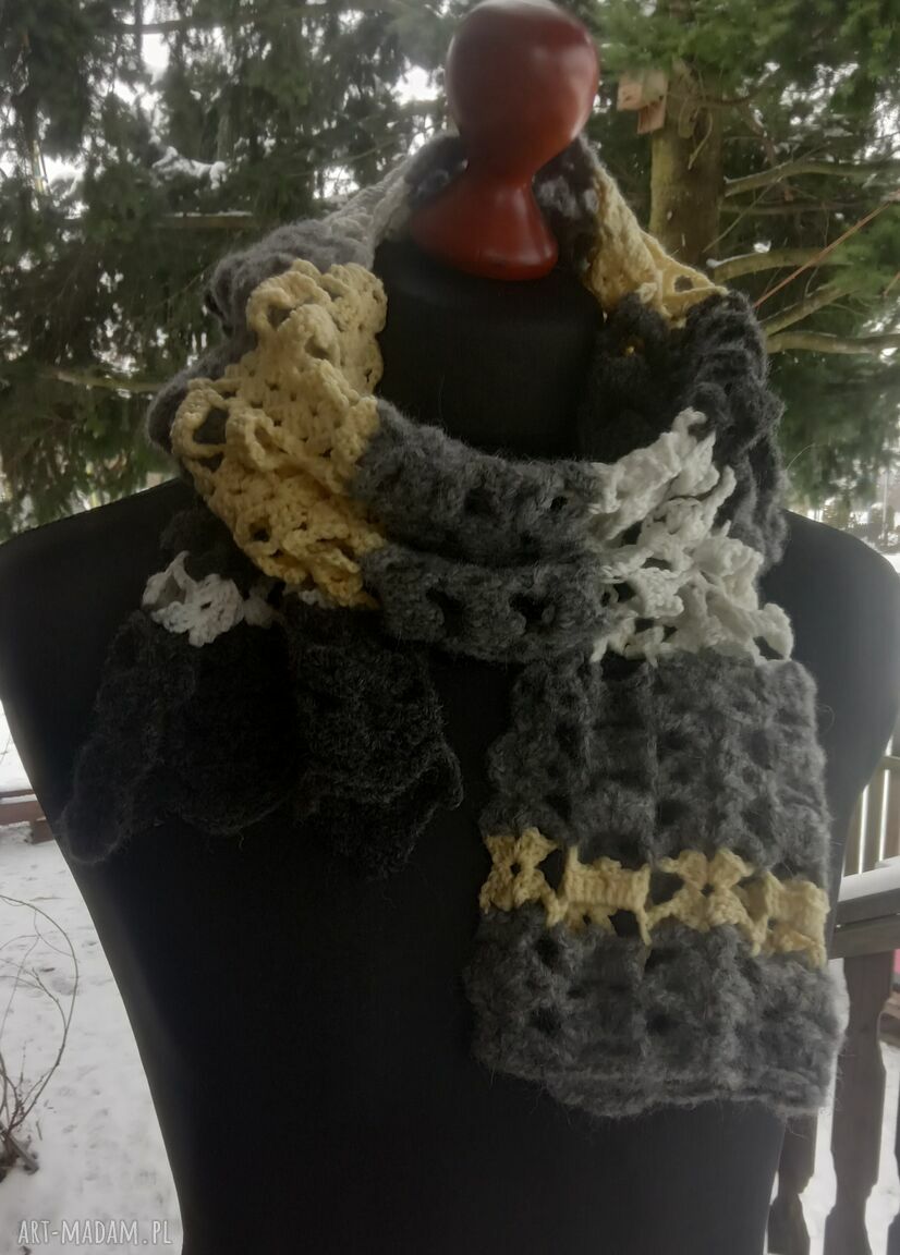 Szal szaro-żółto-kremowy - ciepły szal handmade z moherem
