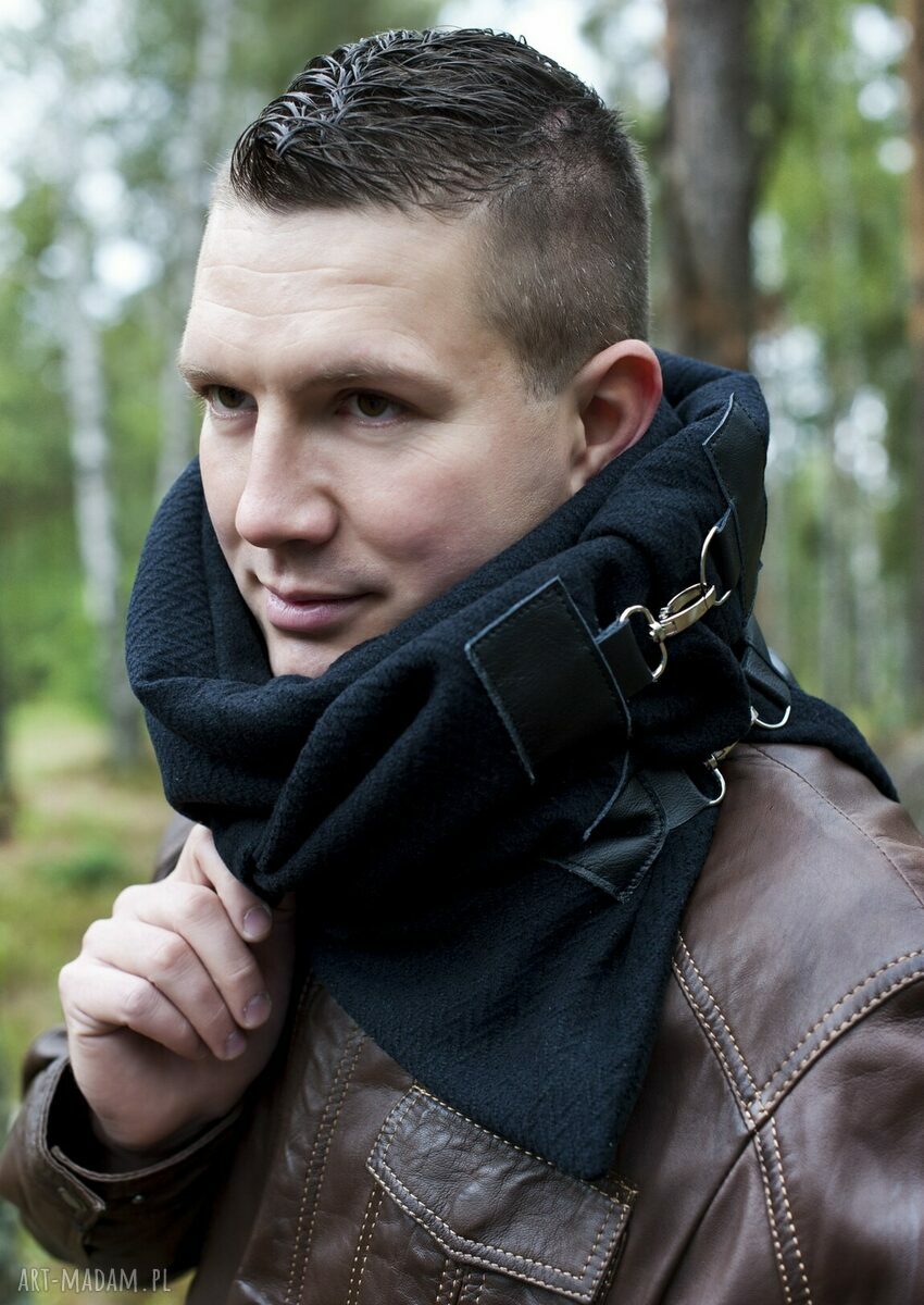 Szal wełniany ze skórą komin, unisex, wełna, czarny, zyg zag Handmade