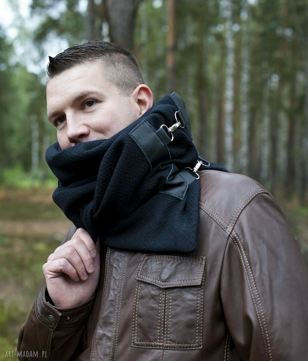 Szal wełniany ze skórą komin, unisex, wełna, czarny, zyg zag Handmade