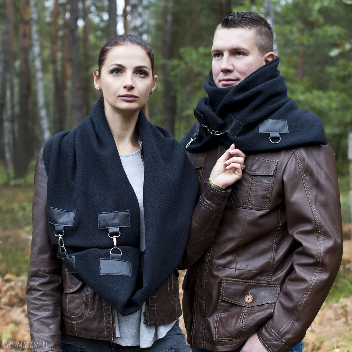 Szal wełniany skórą komin unisex wełna czarny zyg zag