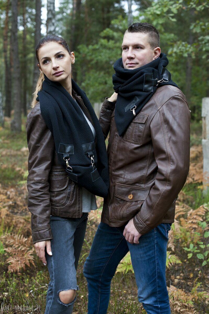 Szal wełniany ze skórą komin, unisex, wełna, czarny, zyg zag Handmade