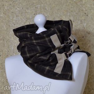 szal wełniany ze skórą unisex - krata brązowa