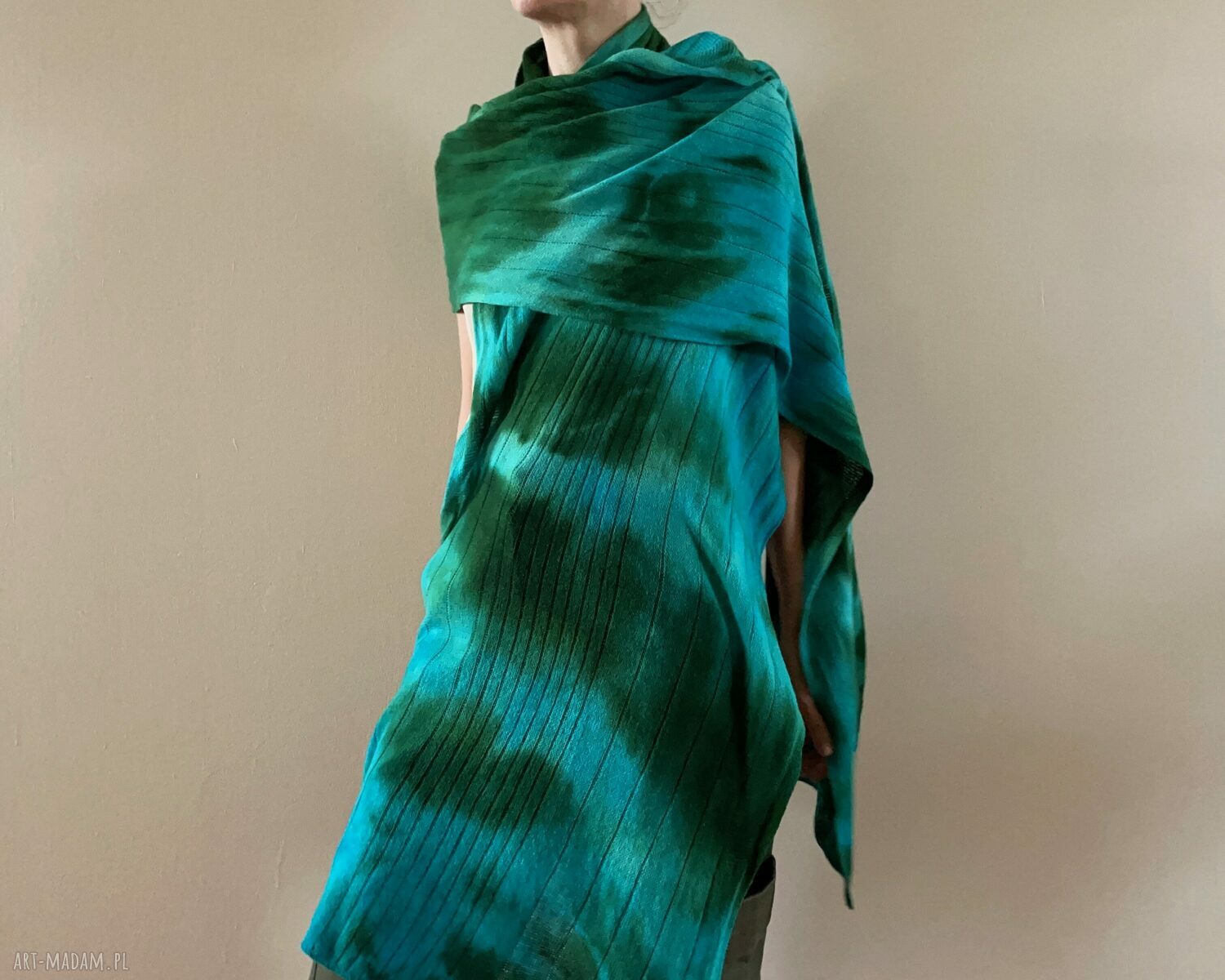 Szal z jagnięcej wełny turkus i zieleń - ręcznie barwiony (handmade)