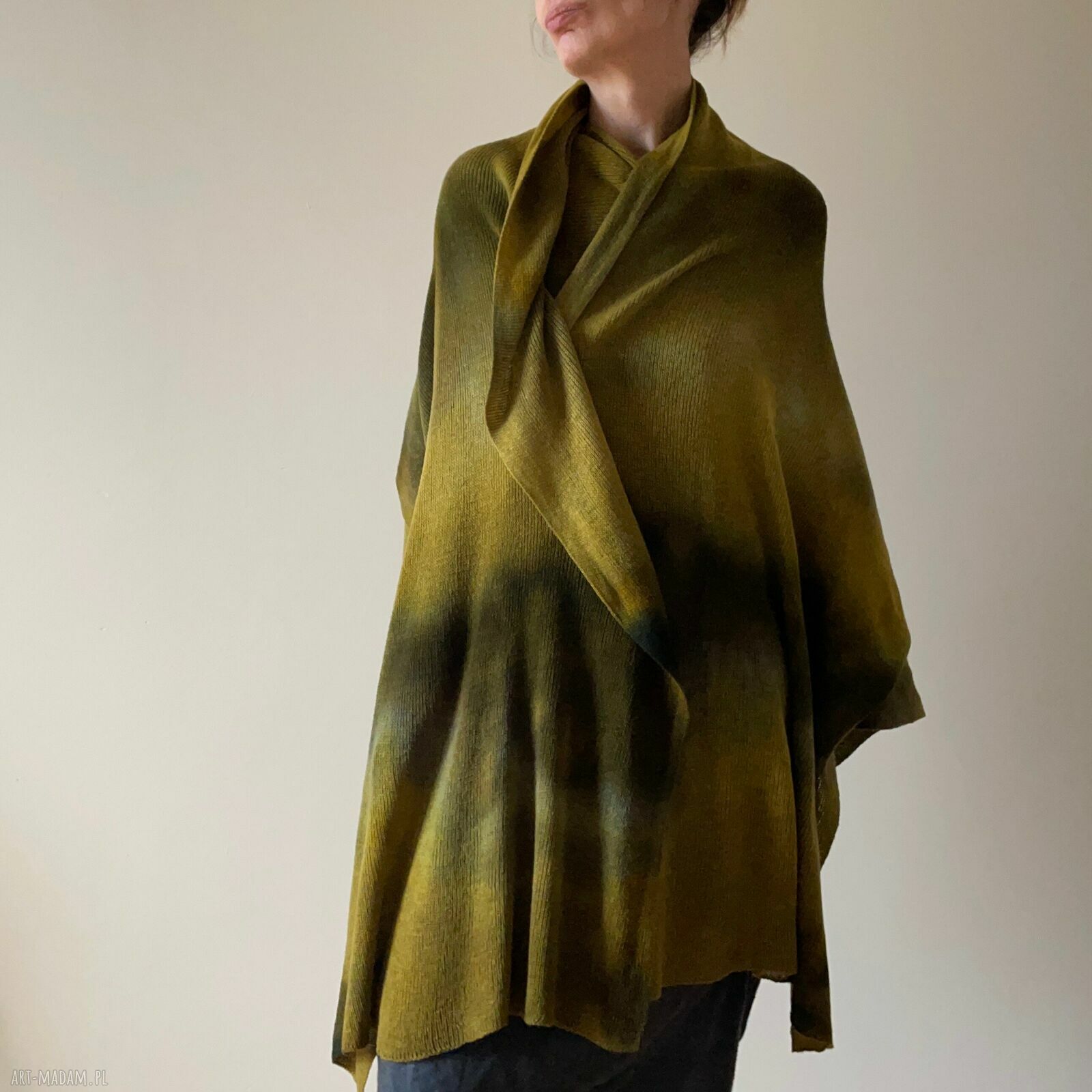 Szal z wełny merino khaki i musztarda