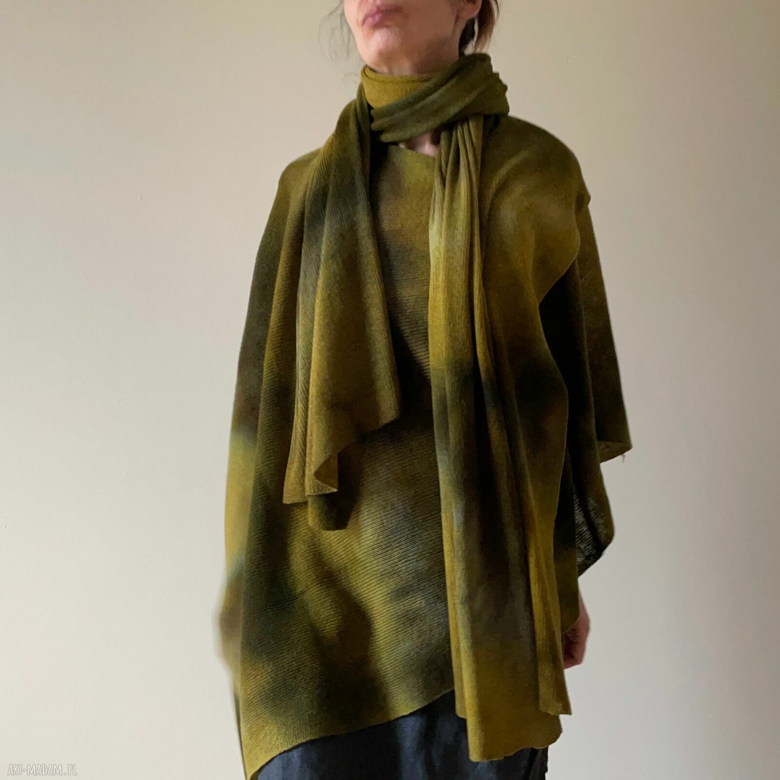 Szal z wełny merino khaki i musztarda