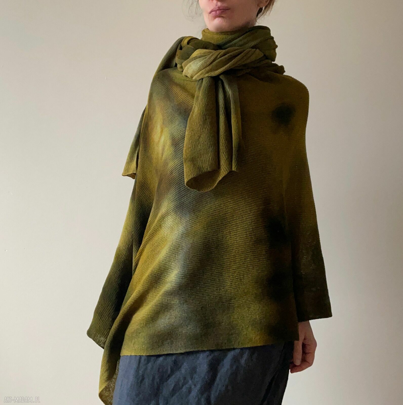 Szal z wełny merino khaki i musztarda