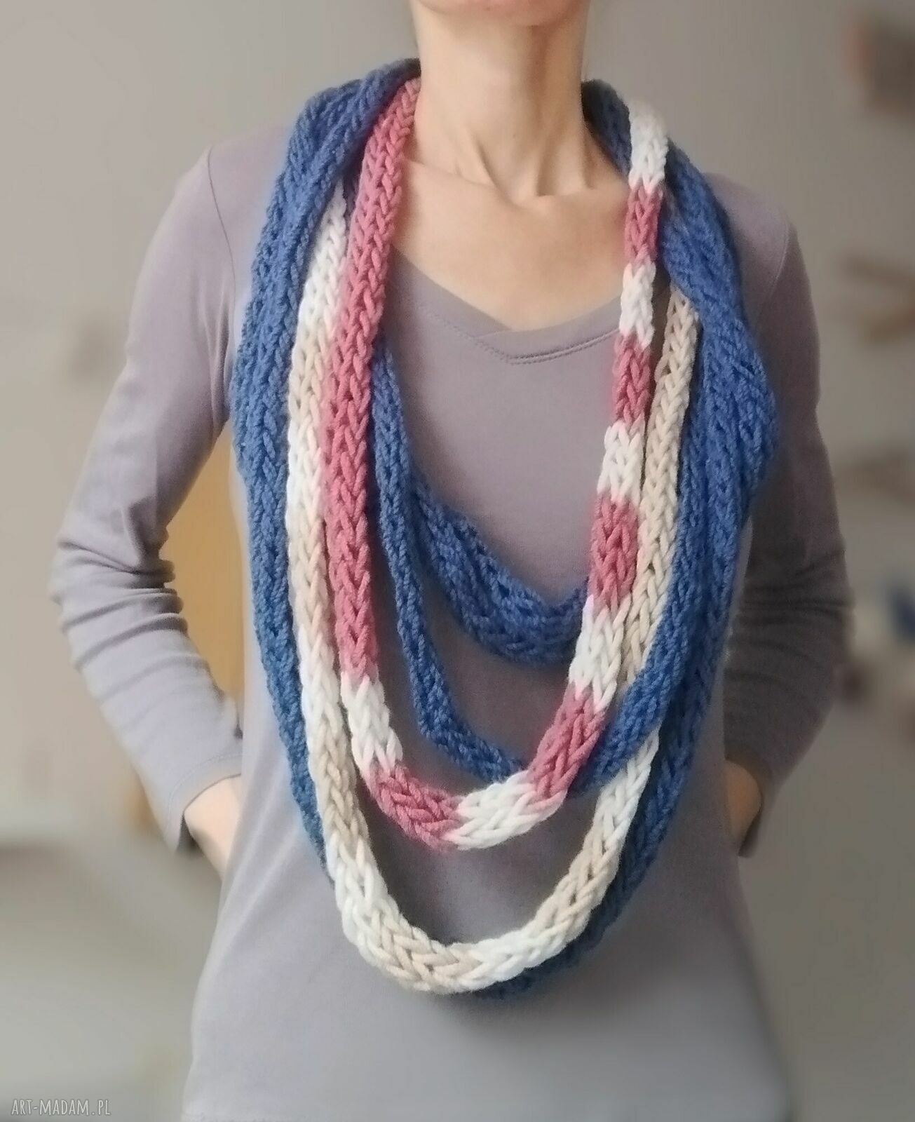 Szal komin niebiesko-wrzosowy - szalik zamotka Barborka Design