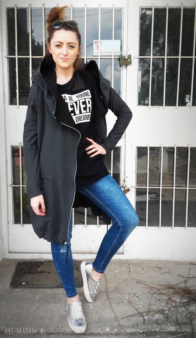 Oversize szara grafitowa obszerna bluza z dużym kapturem M