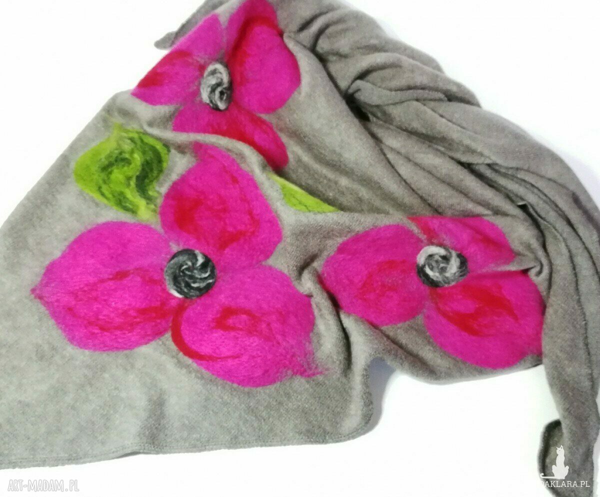 Szara chusta handmade z wełny merynosów - filcowane kolorowe elementy