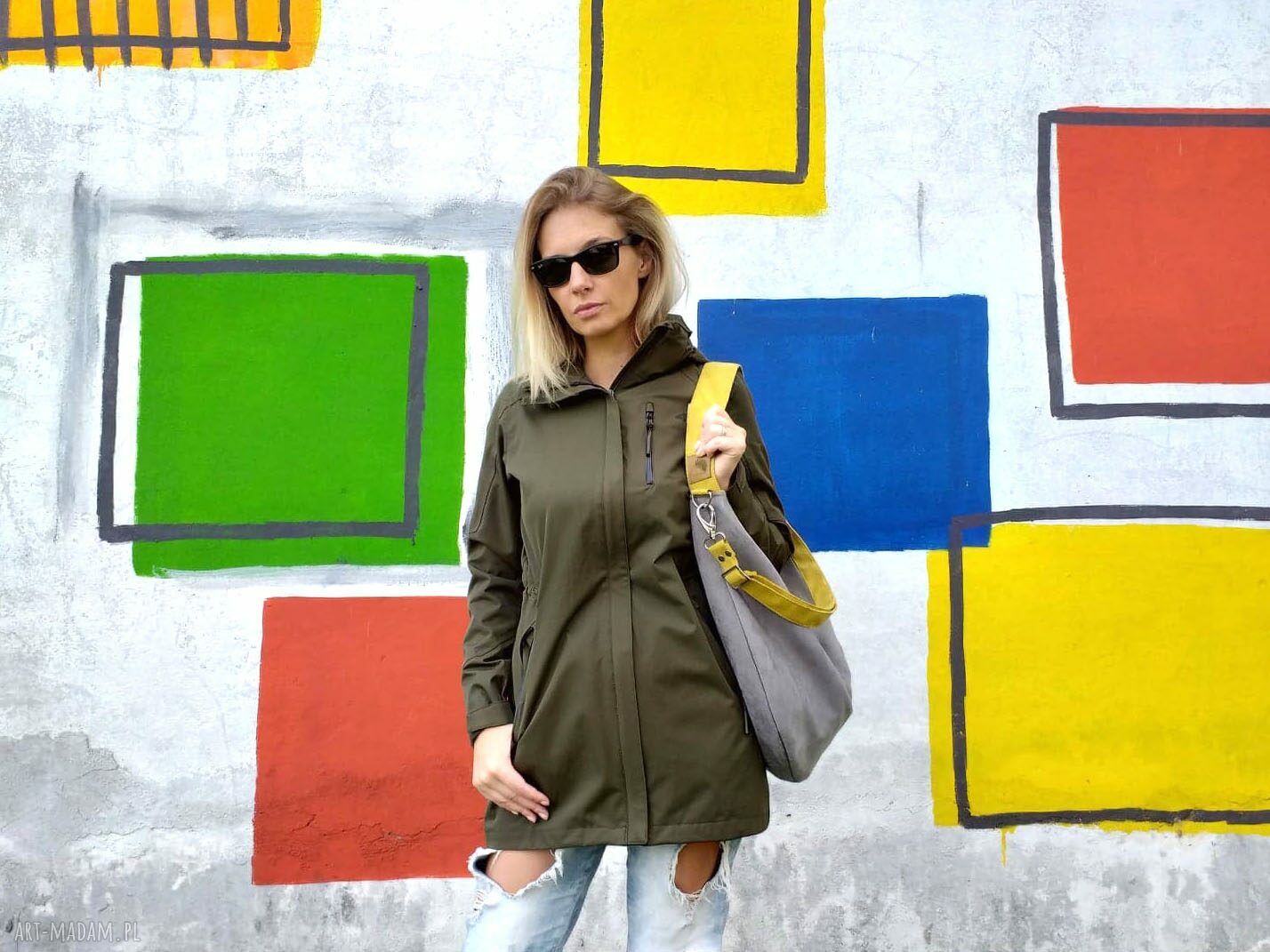 Szara torba worek z musztardowymi paskami