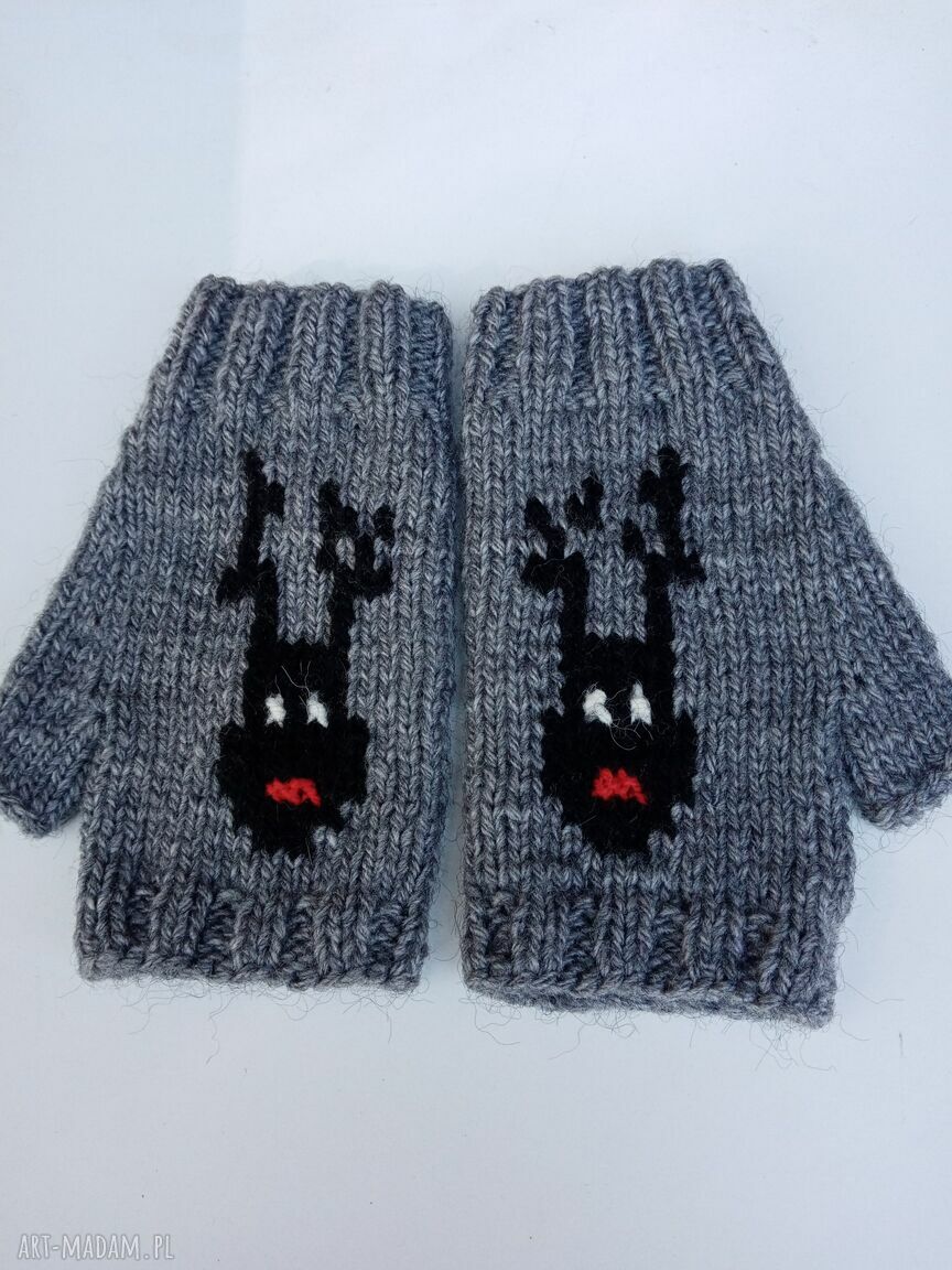 Szare mitenki z reniferem - ciepłe dzianinowe rękawiczki handmade