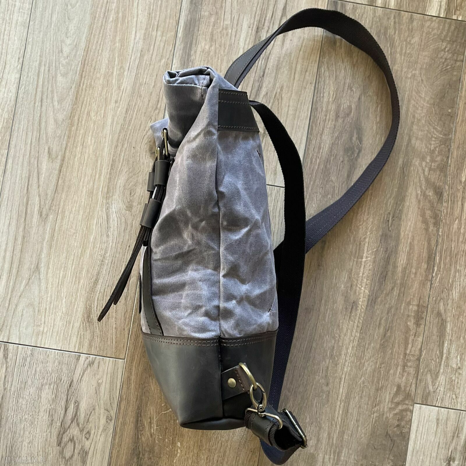 plecaki: Szaro brązowy plecak z bawełny woskowanej i skóry w stylu Vintage. handmade