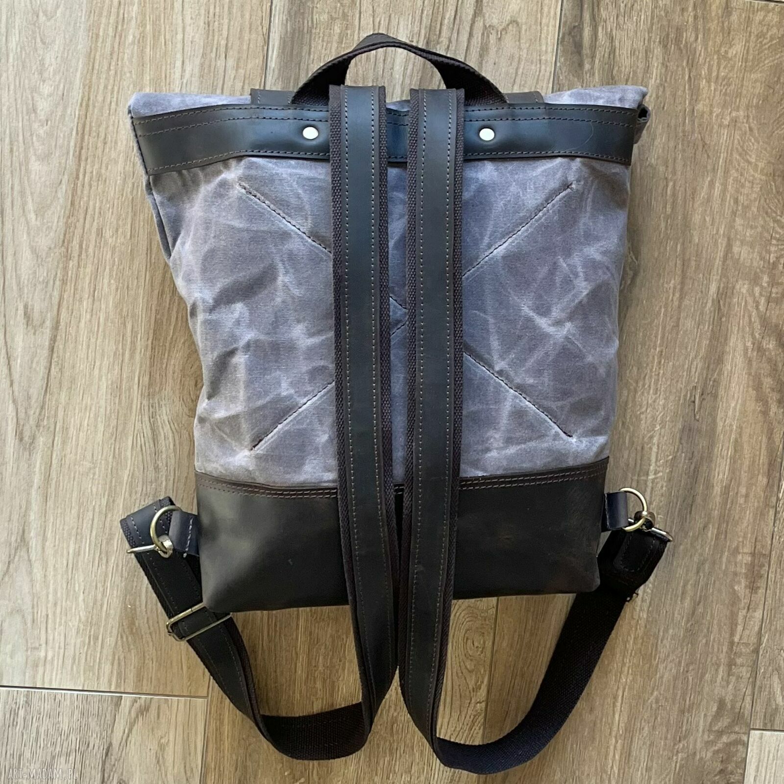 plecaki: Szaro brązowy plecak z bawełny woskowanej i skóry w stylu Vintage. handmade