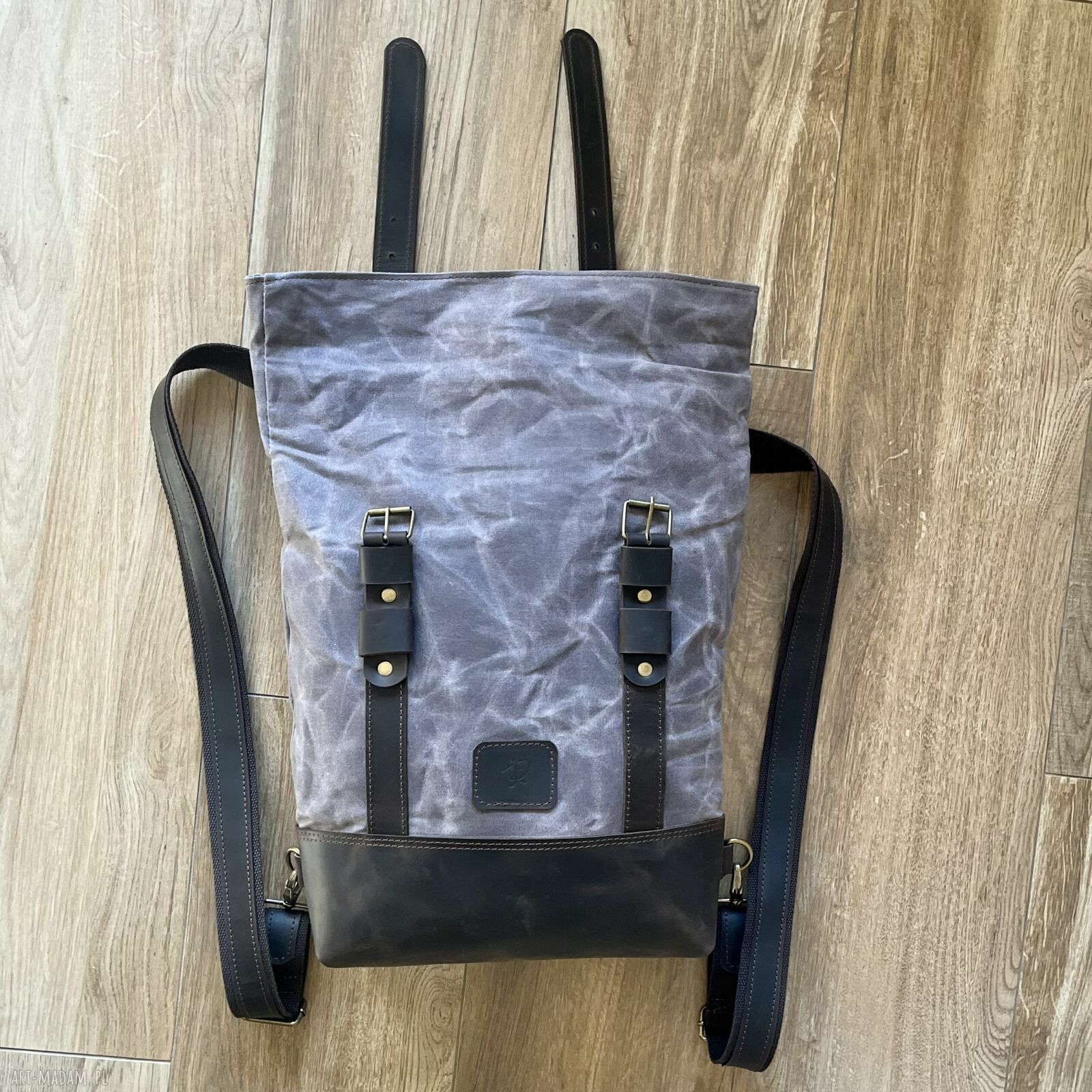 plecaki: Szaro brązowy plecak z bawełny woskowanej i skóry w stylu Vintage. handmade