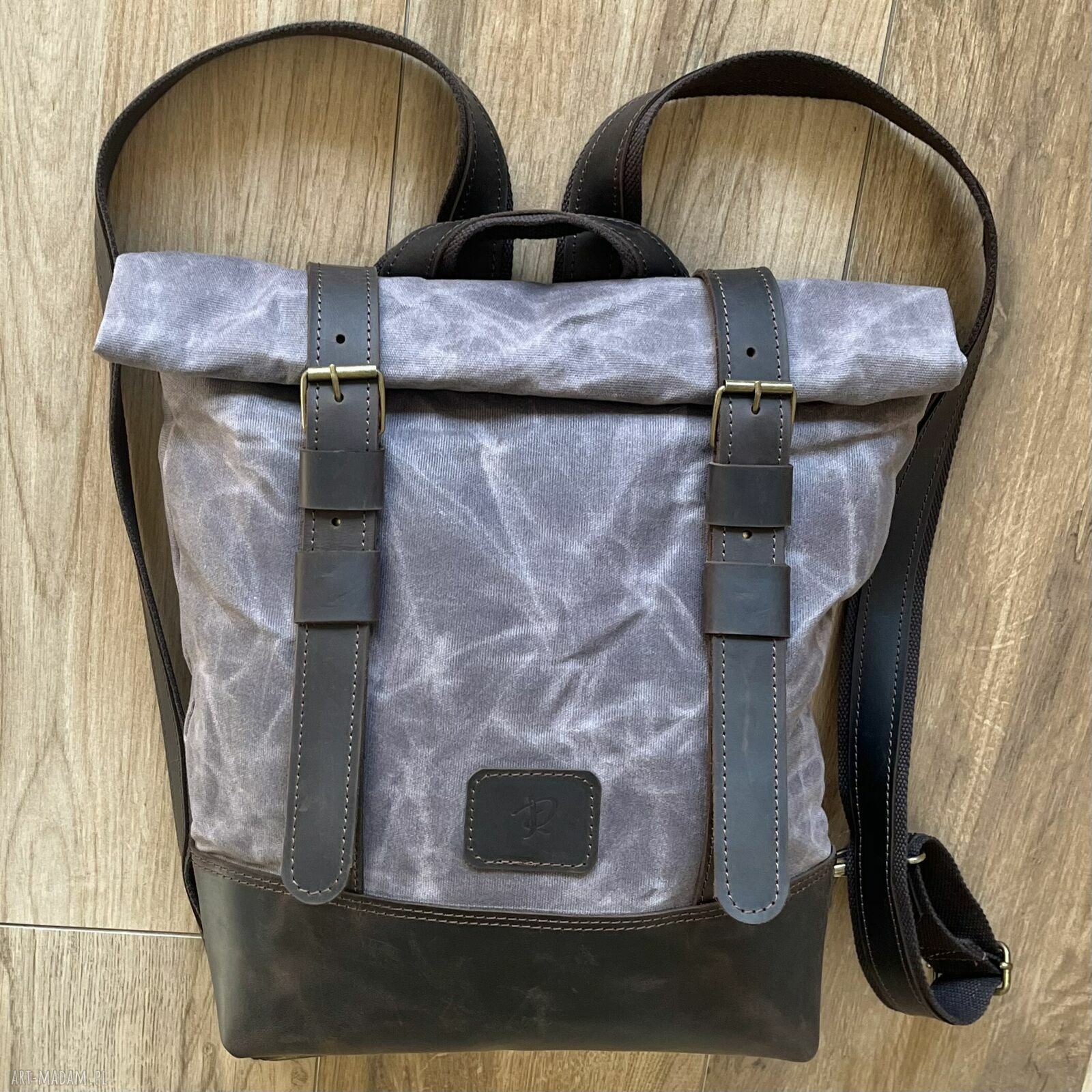 plecaki: Szaro brązowy plecak z bawełny woskowanej i skóry w stylu Vintage. handmade