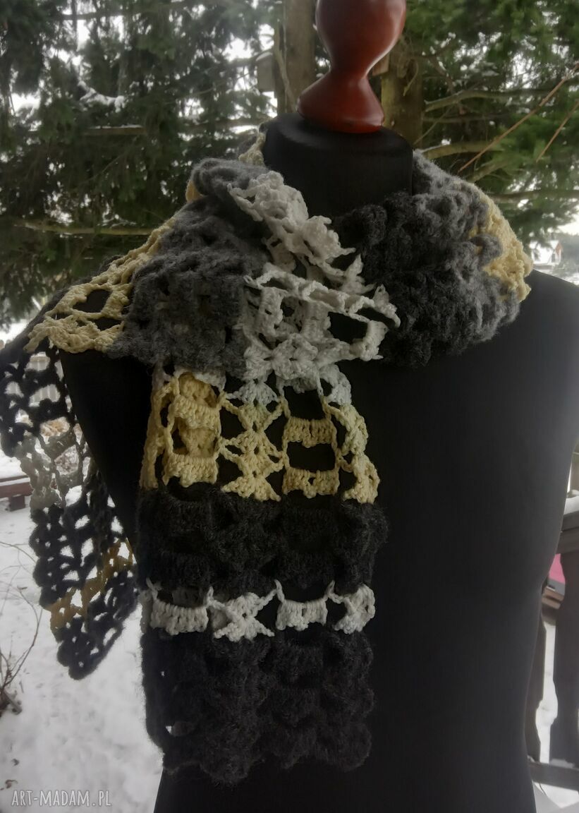 Szal szaro-żółto-kremowy - ciepły szal handmade z moherem