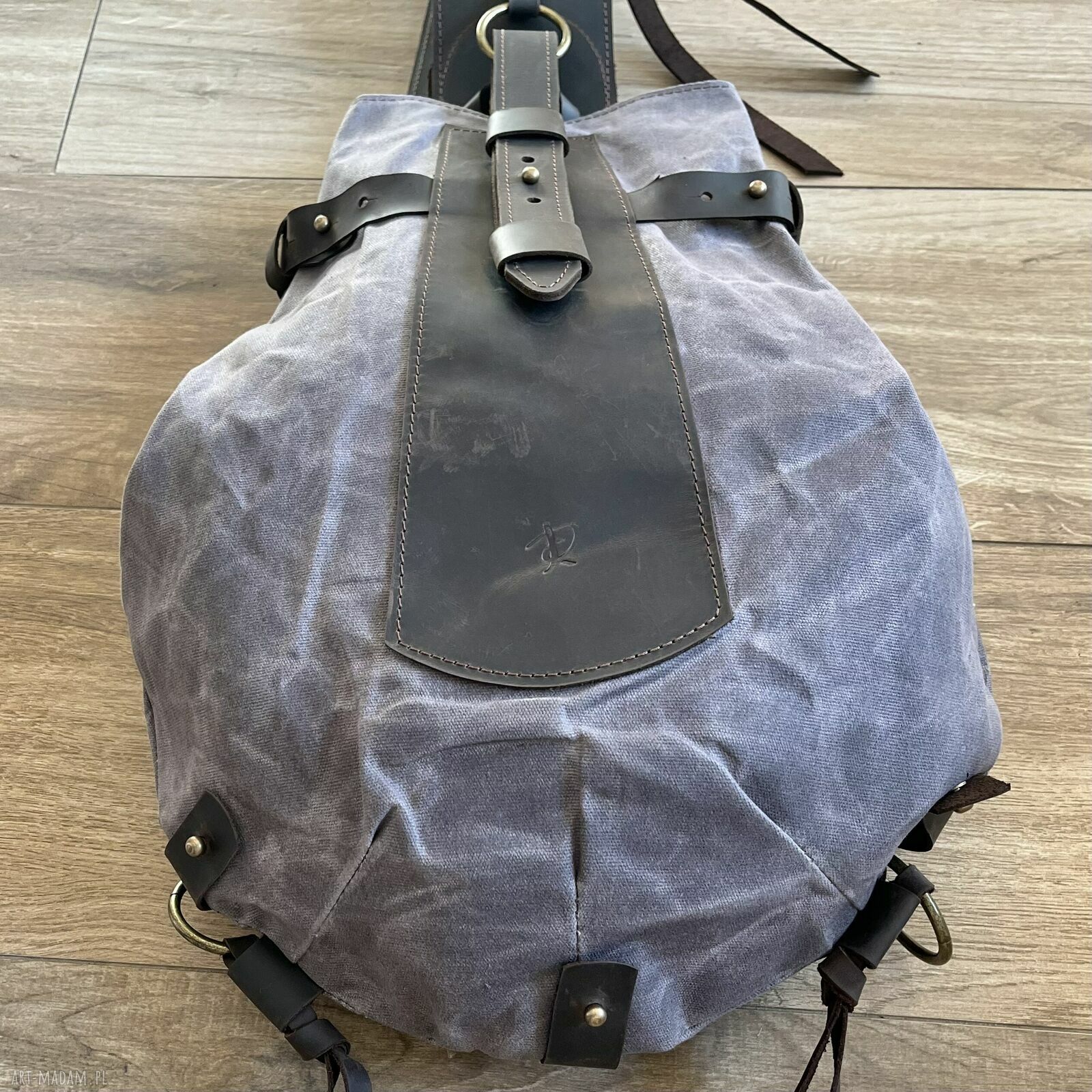 plecaki: Szary plecak „Bukłak” ze skóry i bawełny woskowanej Vintage. HandMade