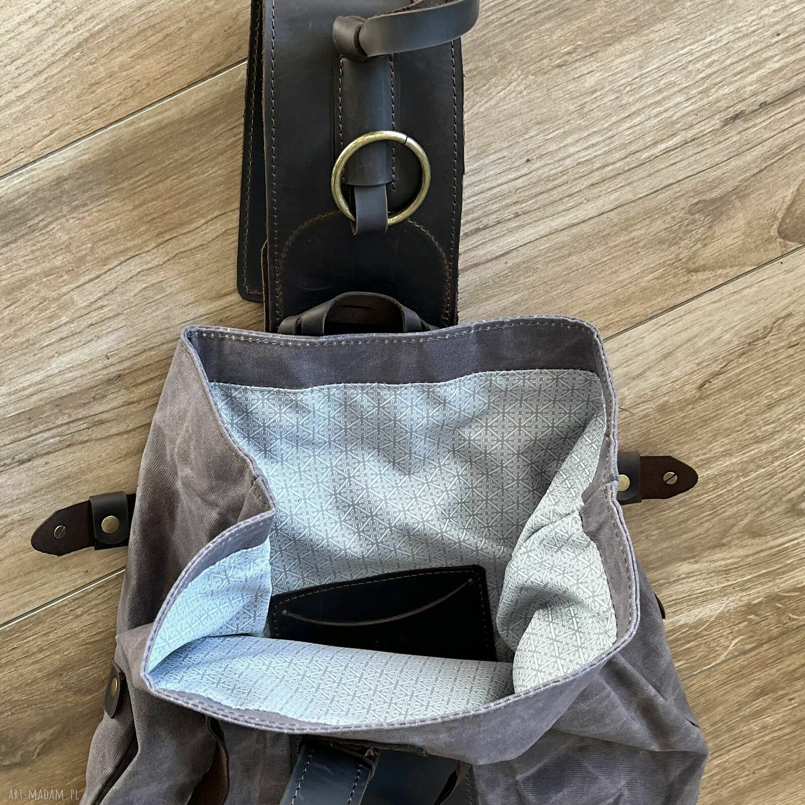 plecaki: Szary plecak „Bukłak” ze skóry i bawełny woskowanej Vintage. HandMade