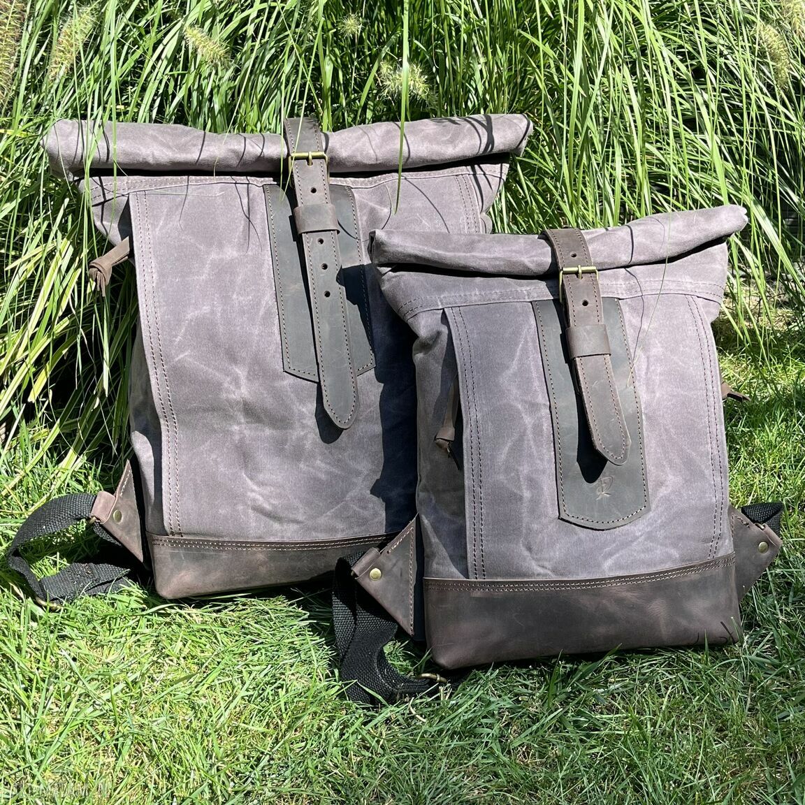 plecaki: Szary plecak rolowany z bawełny woskowanej i skóry Vintage. ręczne wykonanie