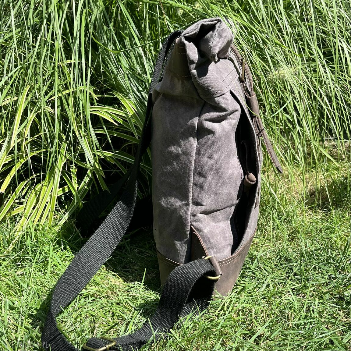 plecaki: Szary plecak rolowany z bawełny woskowanej i skóry Vintage. ręczne wykonanie