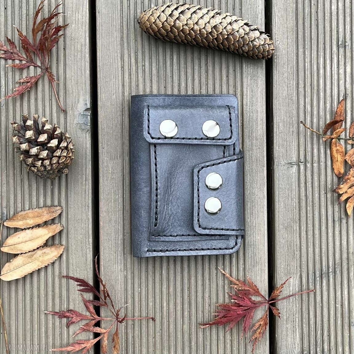 Szary portfel skórzany bilon karty ręcznie uszyty duży męski