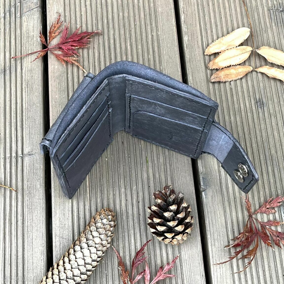 portfele: Szary portfel skórzany na bilon i karty ręcznie uszyty. hand made