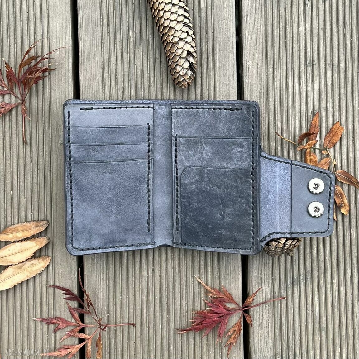 portfele: Szary portfel skórzany na bilon i karty ręcznie uszyty. hand made
