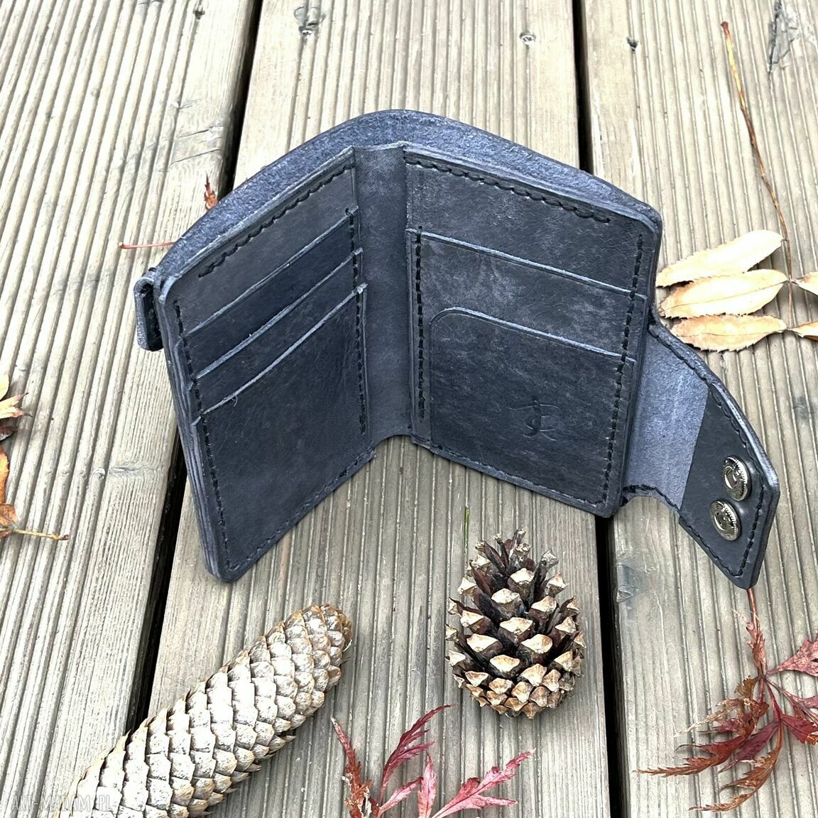 portfele: Szary portfel skórzany na bilon i karty ręcznie uszyty. hand made