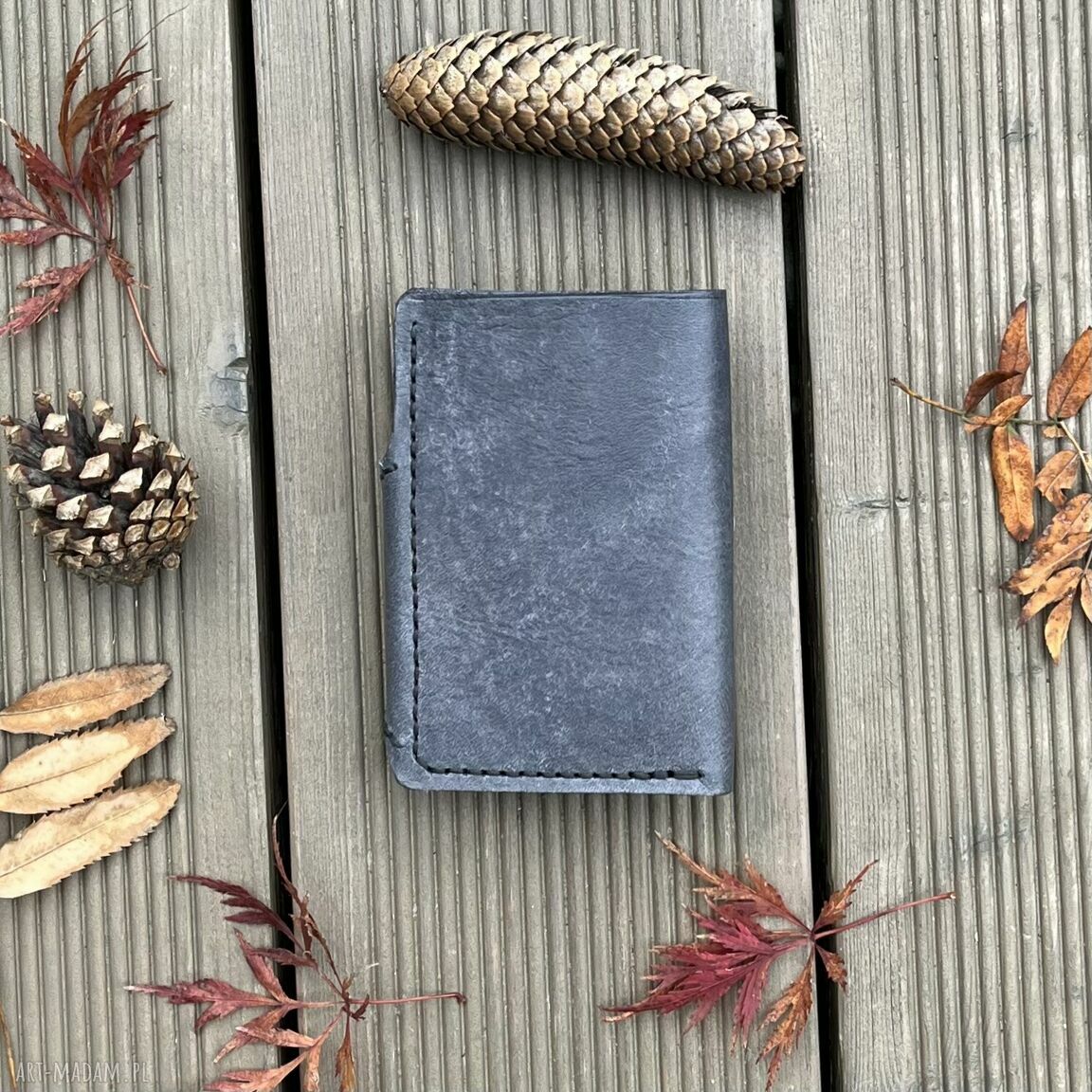 portfele: Szary portfel skórzany na bilon i karty ręcznie uszyty. hand made