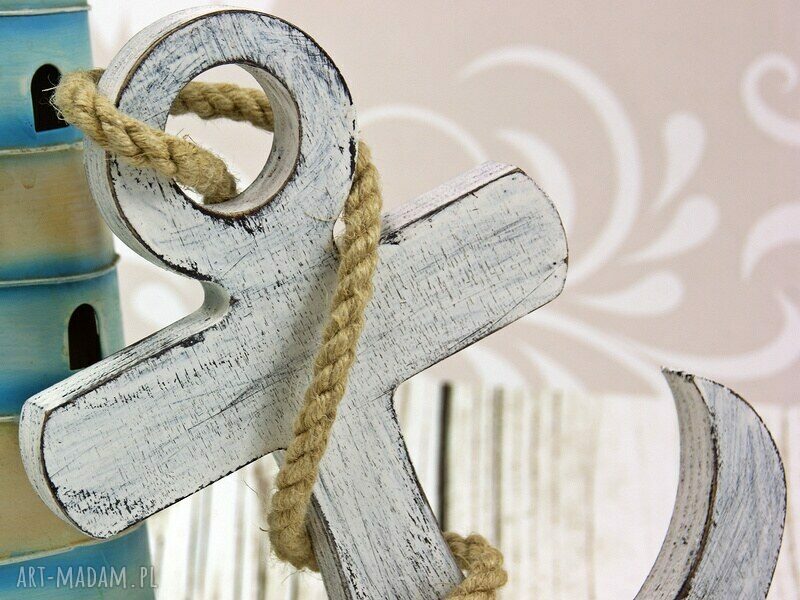 Drewniana kotwica Shabby Chic z jutowym sznurem - marynistyczna ozdoba do domu