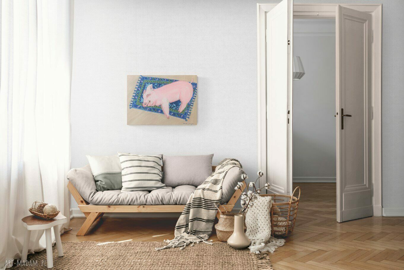 Szczęśliwa świnka na dywanie - obraz akrylowy 70x50 cm
