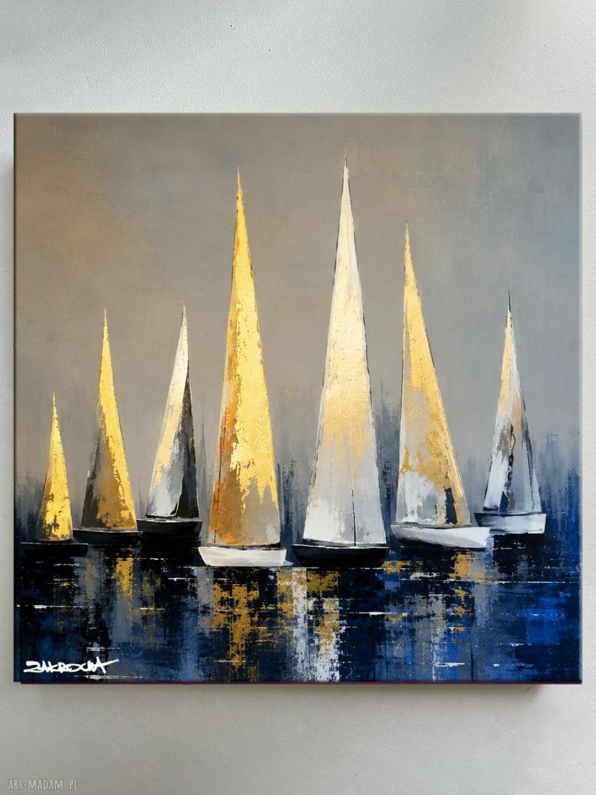 SZCZĘŚLIWE JACHTY - duży obraz ręcznie malowany na płótnie 120x120 cm