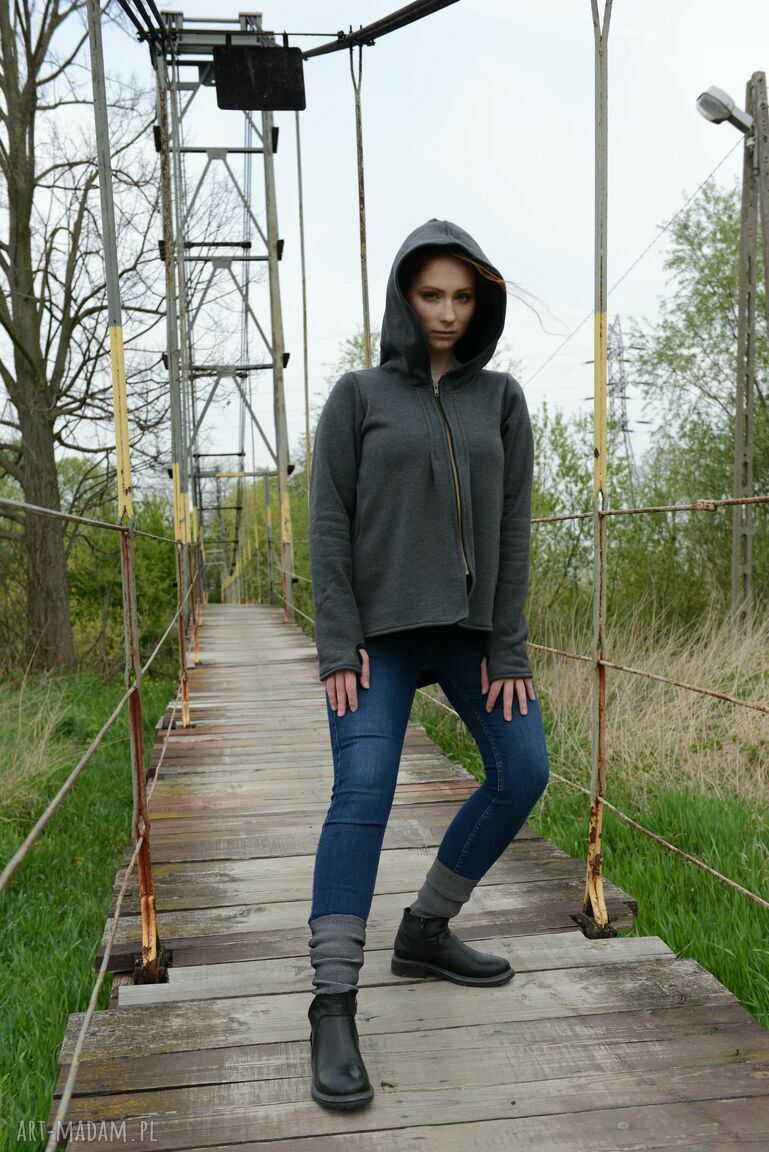 Ręcznie szyta bluza-kurtka z kapturem i kieszeniami - bawełna 90% oraz rozmiary XS-XXL