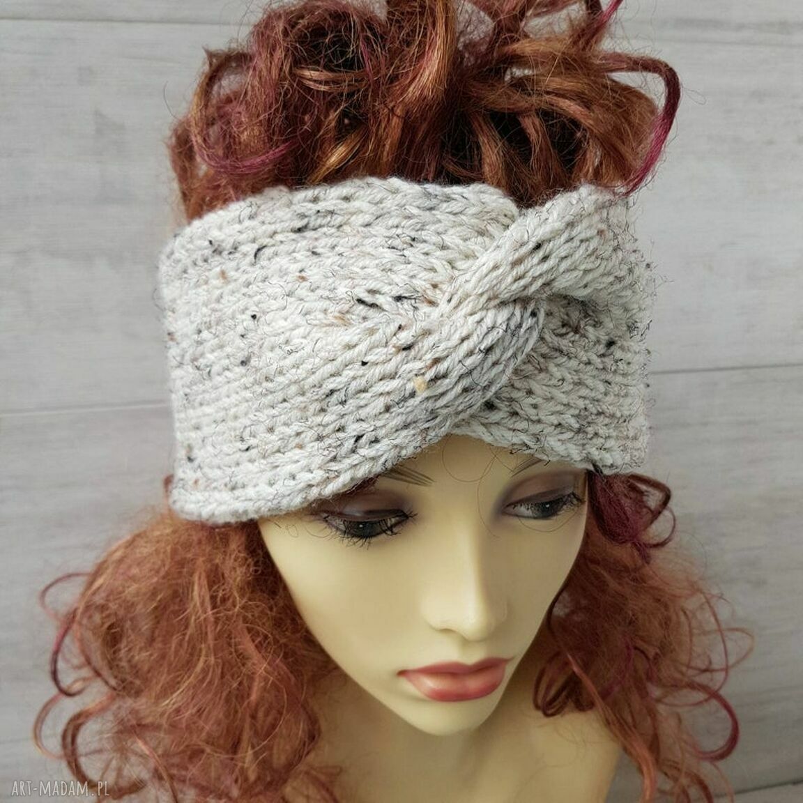 Szeroka opaska turban podwójnie robiona - Handmade beż ecru tweed