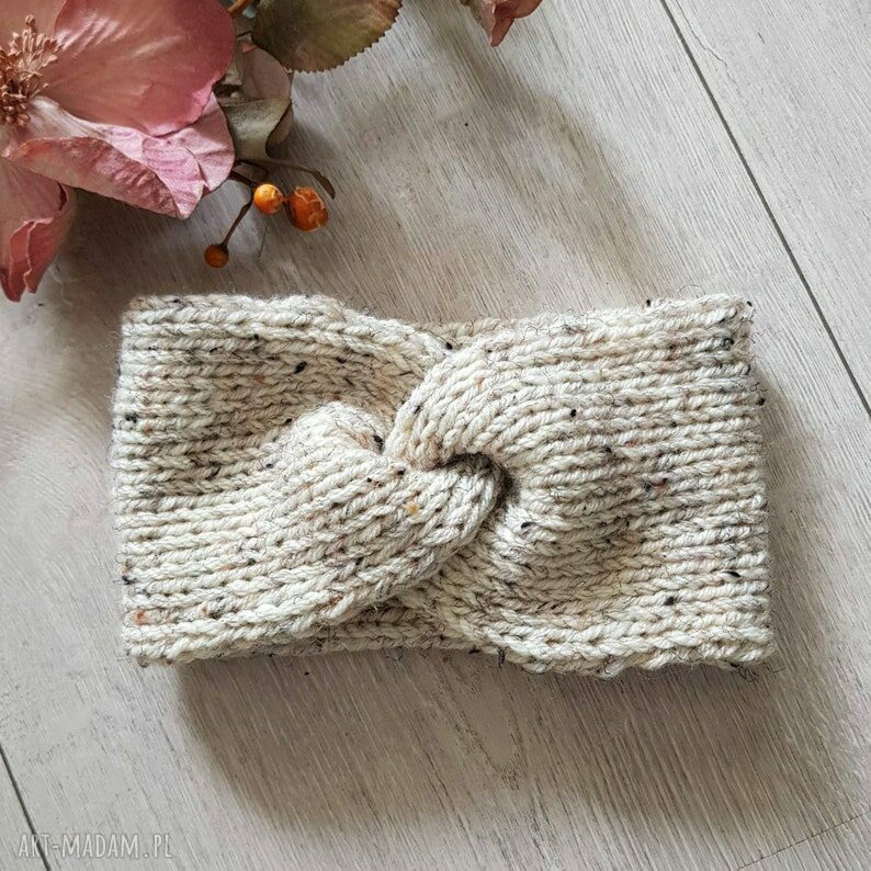 Szeroka opaska turban podwójnie robiona - Handmade beż ecru tweed