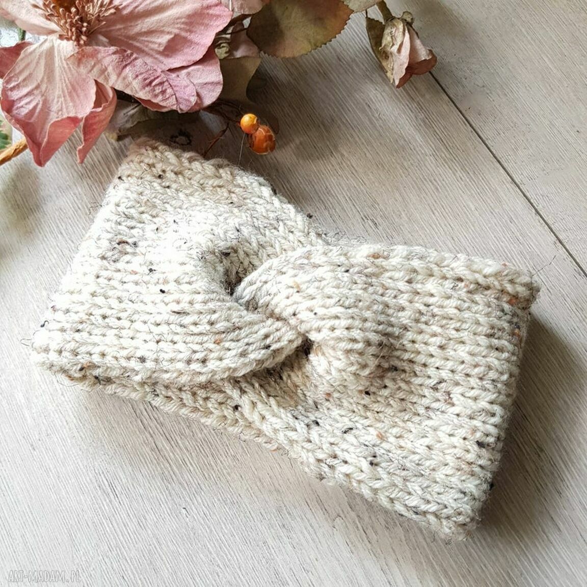 Szeroka opaska turban podwójnie robiona - Handmade beż ecru tweed