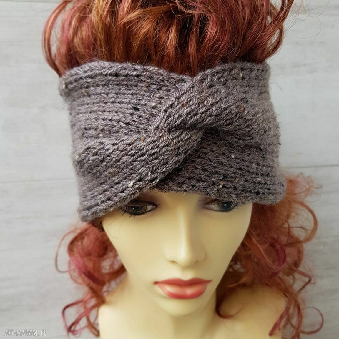 Szeroka opaska turban z tweedu szaro-brązowa