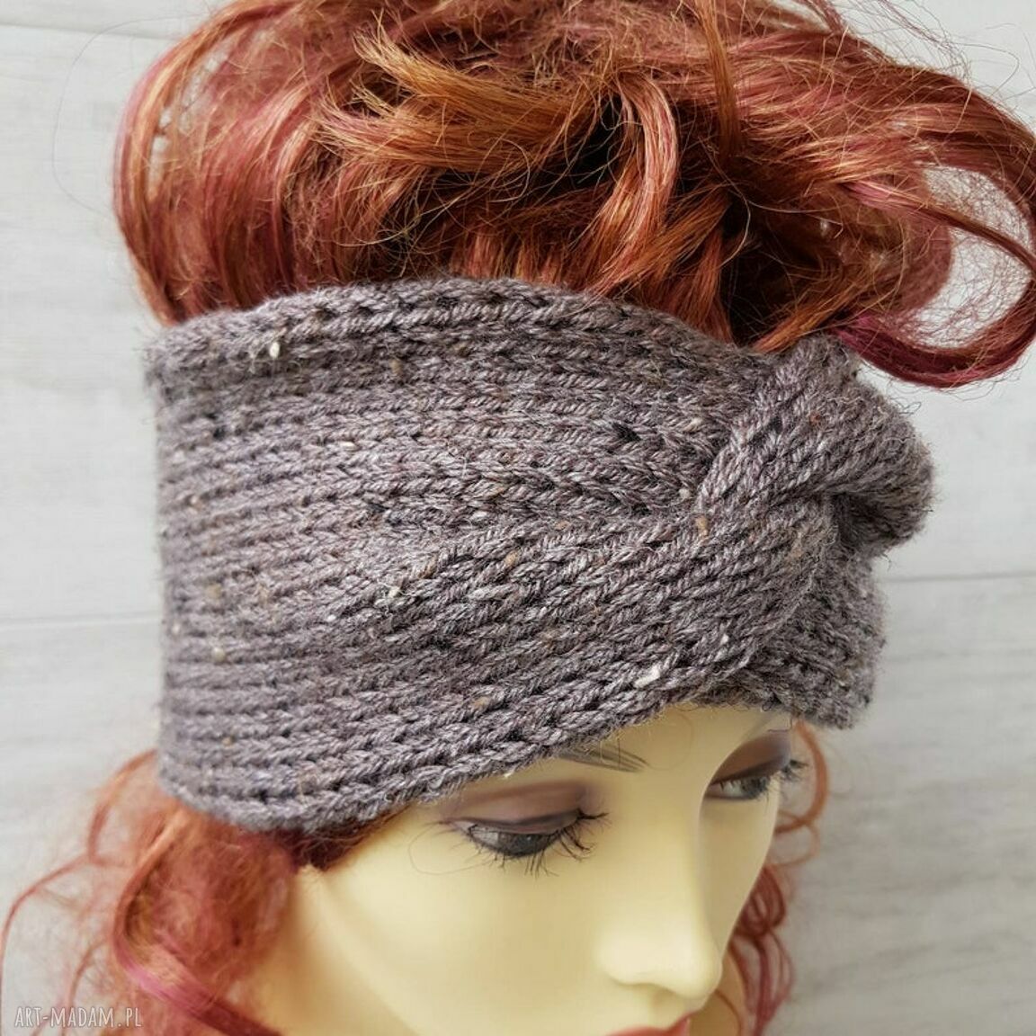 Szeroka opaska turban z tweedu szaro-brązowa