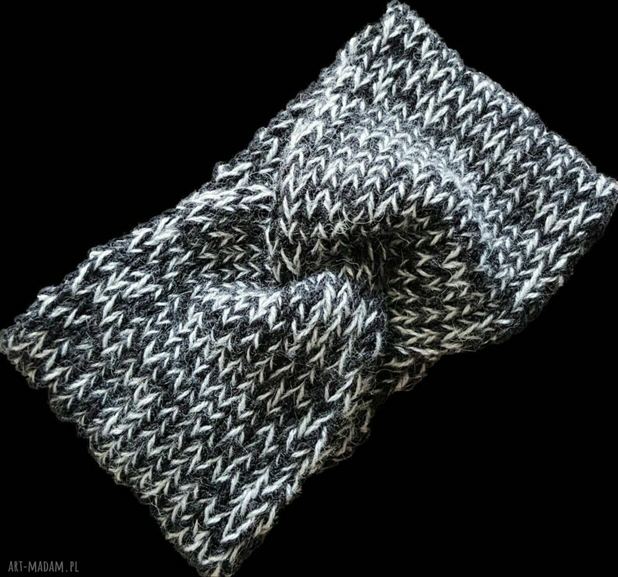 Ciepła, szeroka opaska turban z włóczki - czarna i popiel (Alba Design)