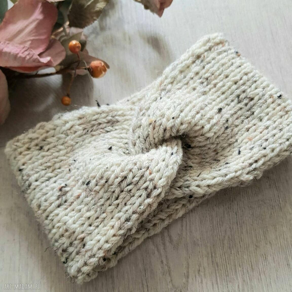 Szeroka opaska turban podwójnie robiona - Handmade beż ecru tweed