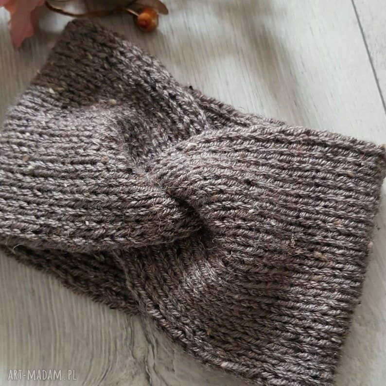 Szeroka opaska turban z tweedu szaro-brązowa