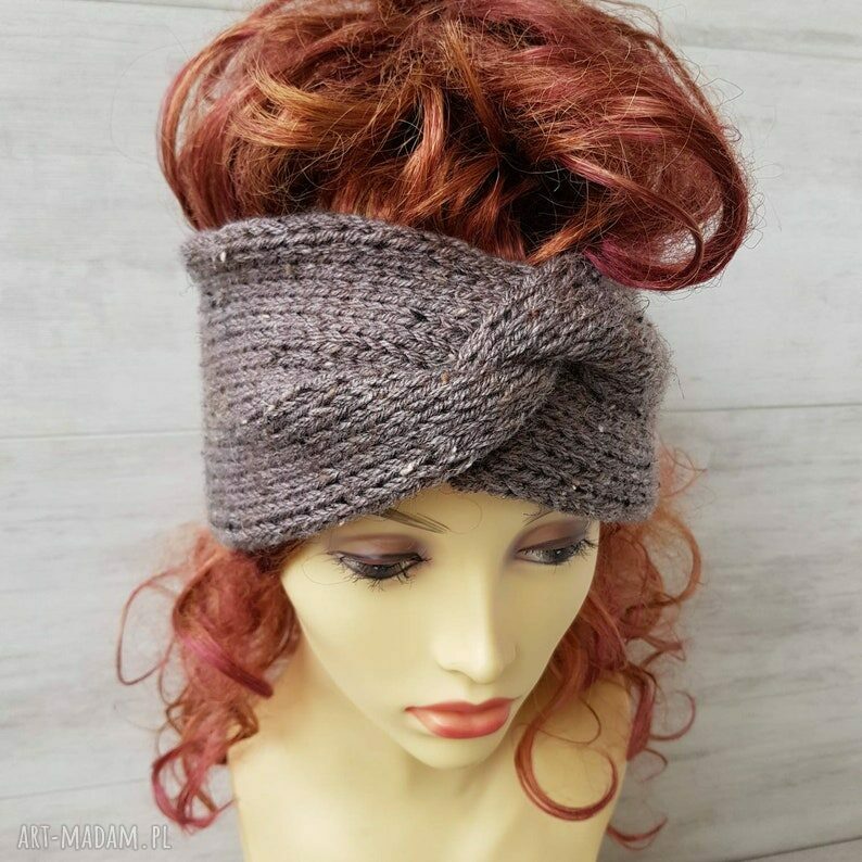 Szeroka opaska turban z tweedu szaro-brązowa