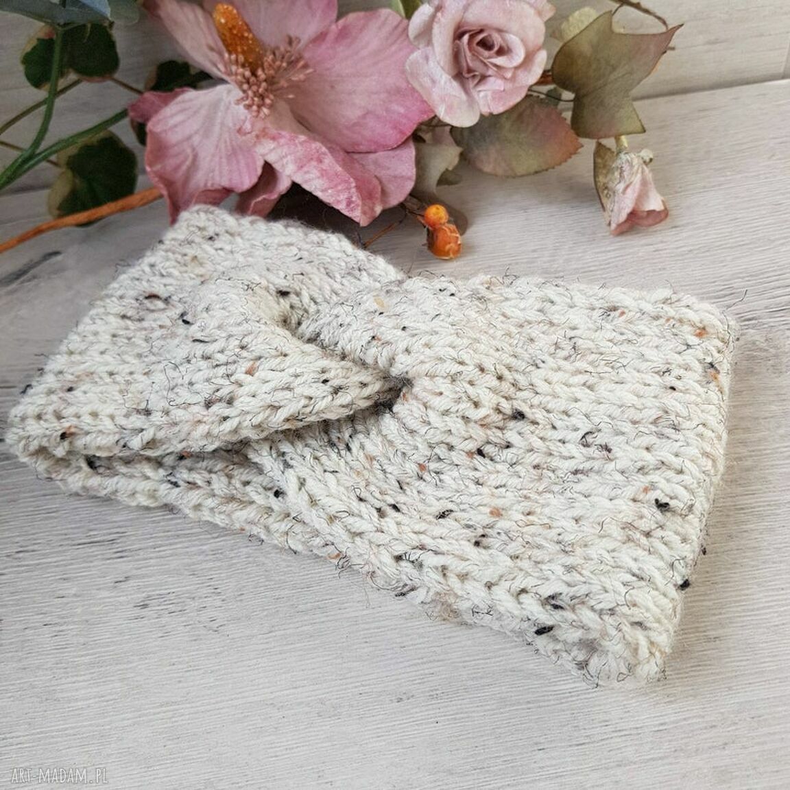 Szeroka opaska turban podwójnie robiona - Handmade beż ecru tweed